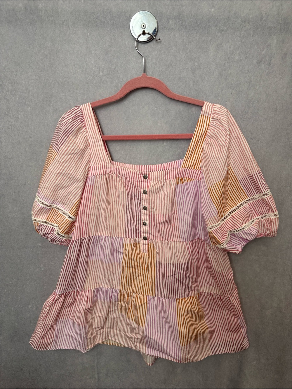 Maeve Anthropologie Striped Puff Sleeve Peplum Top Size Medium